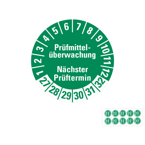 Prüfplakette Prüfmittelüberwachung Nächster Prüftermin, 27 - 32, grün, Standardfolie, 10 St./Bogen