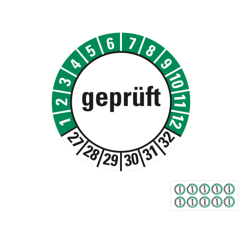 Prüfplakette geprüft, 27 - 32, weiß-grün, Standardfolie, 10 St./Bogen