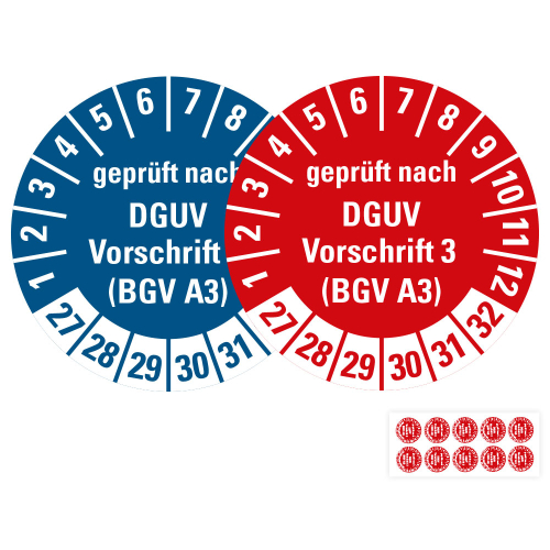 Prüfplakette geprüft nach DGUV Vorschrift 3 (BGV A3), 27 - 32, rot, Standardfolie, 10 St./Bogen