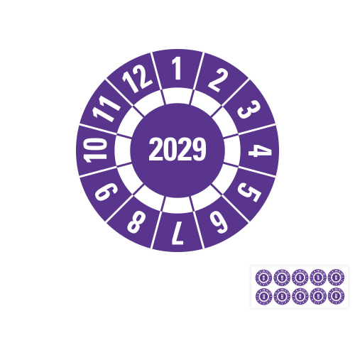 Jahresprüfplakette 2029, Freifelder, violett, Standardfolie, 10 St./Bogen
