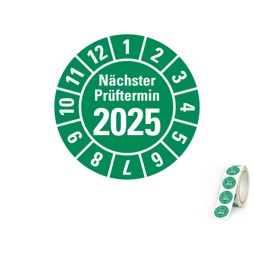 Jahresprüfplakette Nächster Prüftermin, 2025, grün, Standardfolie, 500 St./Rolle