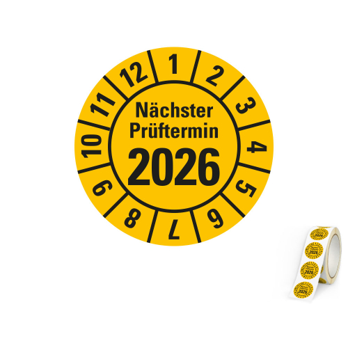 Jahresprüfplakette Nächster Prüftermin, 2026, gelb, Standardfolie, 500 St./Rolle