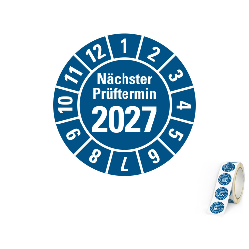 Jahresprüfplakette Nächster Prüftermin, 2027, blau, Standardfolie, 500 St./Rolle