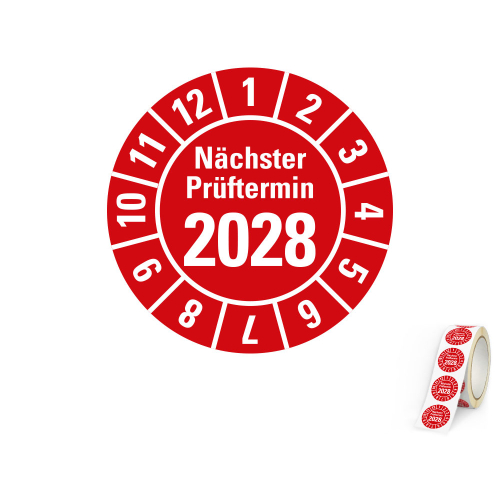 Jahresprüfplakette Nächster Prüftermin, 2028, rot, Standardfolie, 500 St./Rolle