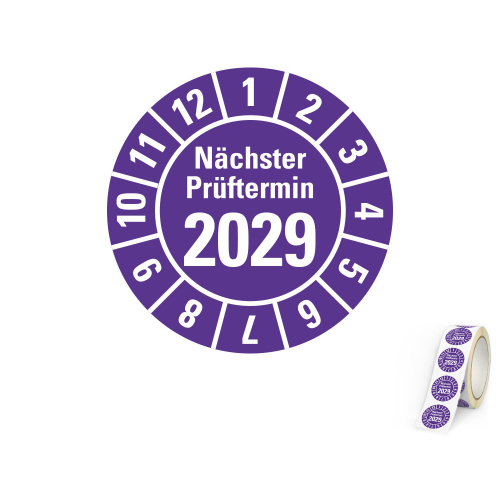 Jahresprüfplakette Nächster Prüftermin, 2029, violett, Standardfolie, 500 St./Rolle