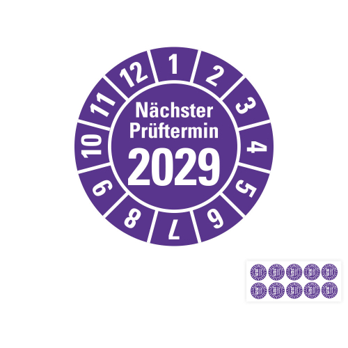 Jahresprüfplakette Nächster Prüftermin, 2029, violett, Standardfolie, 10 St./Bogen