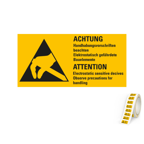 Produkt Hauptbild von ESD-Warnschild: Achtung Handhabungsvorschriften beachten Elektrostatisch gefährdete Bauelemente, 2-sprachig, Folie selbstklebend, versch. Größen