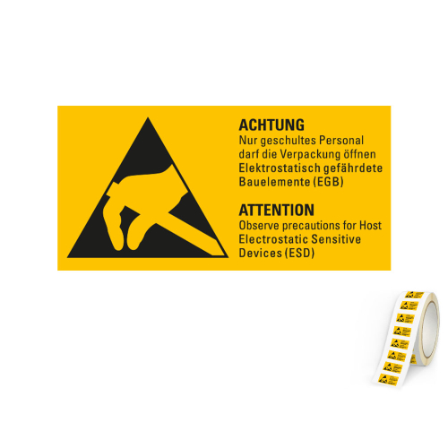 Produkt Hauptbild von ESD-Warnschild: Achtung Nur geschultes Personal darf die Verpackung öffnen Elektrostatisch gefährdete Bauelemente (EGB), 2-sprachig, Folie selbstklebend, versch. Größen