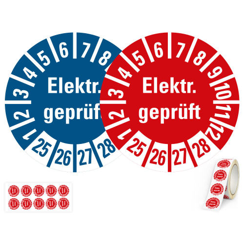 Produkt Hauptbild von Kleine Prüfplakette Elektrisch geprüft, rot oder blau, Folie mit Spezialkleber, versch. Jahreszahlen