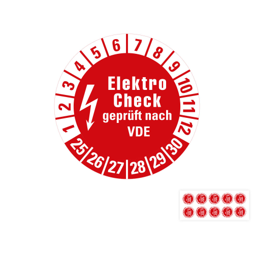 Produkt Hauptbild von Prüfplakette Elektro Check geprüft nach VDE, rot, Folie mit Spezialkleber, versch. Jahreszahlen