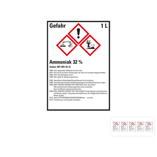 Produkt Hauptbild von Gefahrstoffkennzeichen: Ammoniak 32%, 3 GHS Symbole mit Text, Folie selbstklebend, versch. Größen