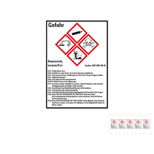 Produkt Hauptbild von Gefahrstoffkennzeichen: Ammoniak, wasserfrei, 4 GHS Symbole mit Text, Folie selbstklebend, versch. Größen