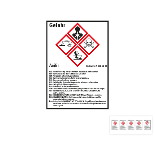 Produkt Hauptbild von Gefahrstoffkennzeichen: Anilin, 4 GHS Symbole mit Text, Folie selbstklebend, versch. Größen