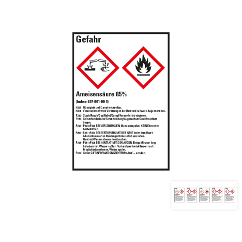 Produkt Hauptbild von Gefahrstoffkennzeichen: Ameisensäure 85%, 2 GHS Symbole mit Text, Folie selbstklebend, versch. Größen