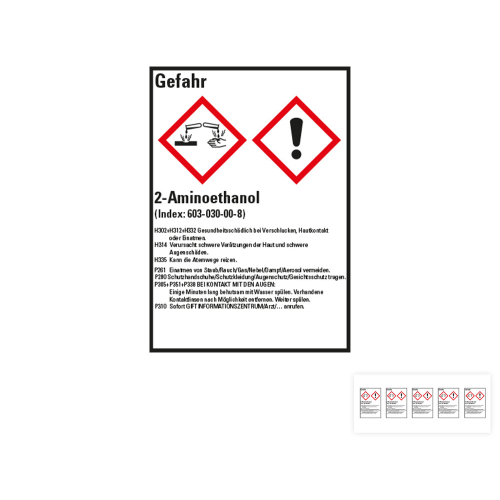 Produkt Hauptbild von Gefahrstoffkennzeichen: 2-Aminoethanol, 2 GHS Symbole mit Text, Folie selbstklebend, versch. Größen