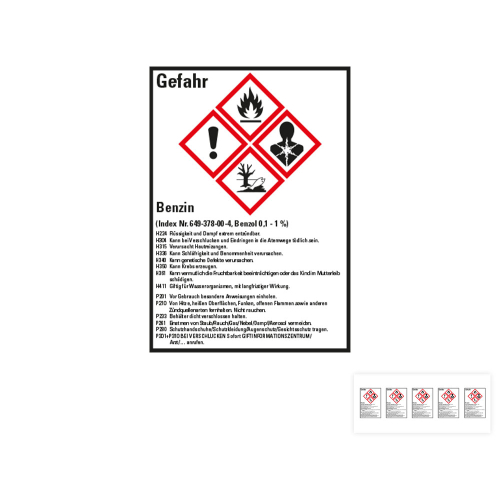Produkt Hauptbild von Gefahrstoffkennzeichen: Benzin, 4 GHS Symbole mit Text, Folie selbstklebend, versch. Größen