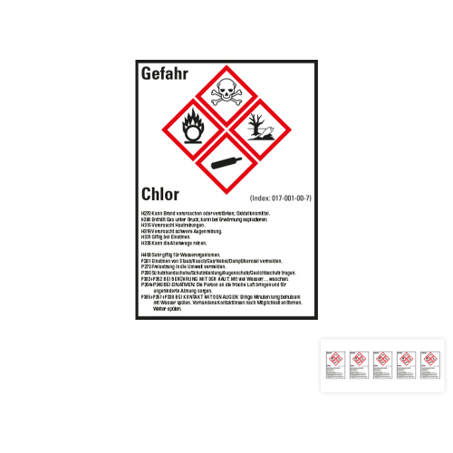 Produkt Hauptbild von Gefahrstoffkennzeichen: Chlor, 4 GHS Symbole mit Text, Folie selbstklebend, versch. Größen