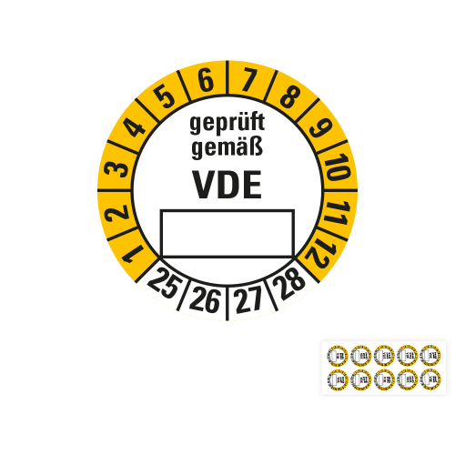 Produkt Hauptbild von Prüfplakette geprüft gemäß VDE, Beschriftungsfeld, weiß-gelb, Folie mit Spezialkleber, versch. Jahreszahlen