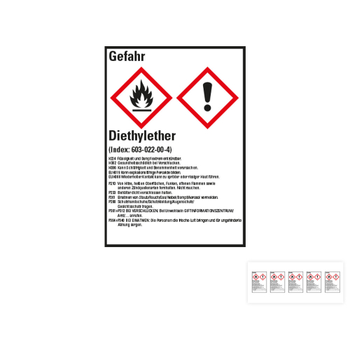 Produkt Hauptbild von Gefahrstoffkennzeichen: Diethylether, 2 GHS Symbole mit Text, Folie selbstklebend, versch. Größen