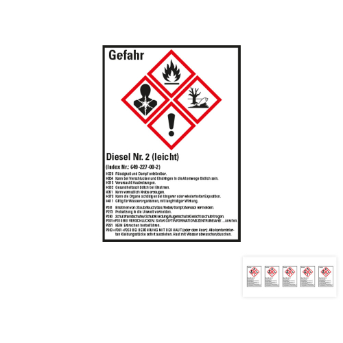 Produkt Hauptbild von Gefahrstoffkennzeichen: Diesel Nr. 2 (leicht), 4 GHS Symbole mit Text, Folie selbstklebend, versch. Größen