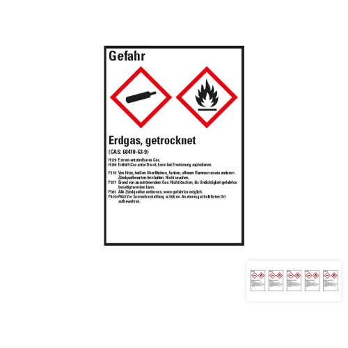 Produkt Hauptbild von Gefahrstoffkennzeichen: Erdgas, getrocknet, 2 GHS Symbole mit Text, Folie selbstklebend, versch. Größen