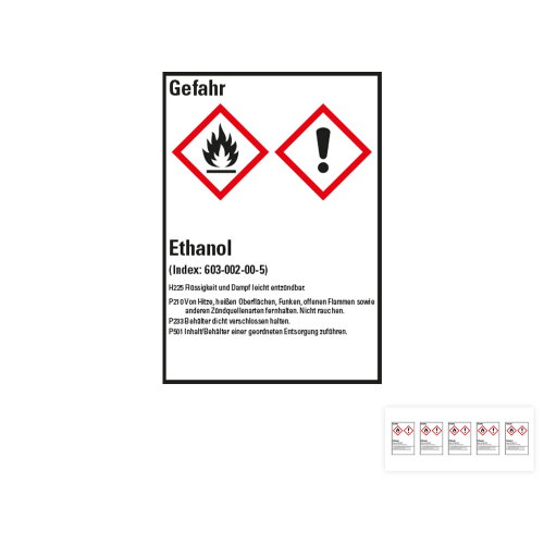 Produkt Hauptbild von Gefahrstoffkennzeichen: Ethanol, 2 GHS Symbole mit Text, Folie selbstklebend, versch. Größen