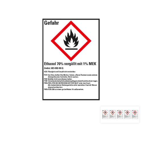 Produkt Hauptbild von Gefahrstoffkennzeichen: Ethanol 70% vergällt mit 1% MEK, 1 GHS Symbol mit Text, Folie selbstklebend, versch. Größen