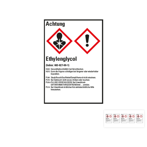 Produkt Hauptbild von Gefahrstoffkennzeichen: Ethylenglykol, 2 GHS Symbole mit Text, Folie selbstklebend, versch. Größen