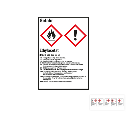 Produkt Hauptbild von Gefahrstoffkennzeichen: Ethylacetat, 2 GHS Symbole mit Text, Folie selbstklebend, versch. Größen