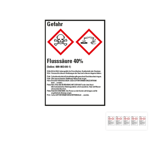 Produkt Hauptbild von Gefahrstoffkennzeichen: Flusssäure 40%, 2 GHS Symbole mit Text, Folie selbstklebend, versch. Größen