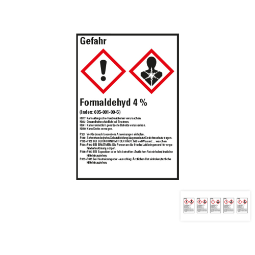 Produkt Hauptbild von Gefahrstoffkennzeichen: Formaldehyd 4%, 2 GHS Symbole mit Text, Folie selbstklebend, versch. Größen