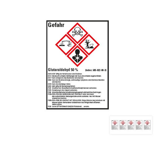 Produkt Hauptbild von Gefahrstoffkennzeichen: Glutaraldehyd 50%, 4 GHS Symbole mit Text, Folie selbstklebend, versch. Größen