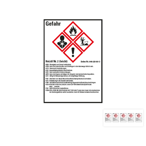 Produkt Hauptbild von Gefahrstoffkennzeichen: Heizöl Nr. 2 (leicht), 4 GHS Symbole mit Text, Folie selbstklebend, versch. Größen