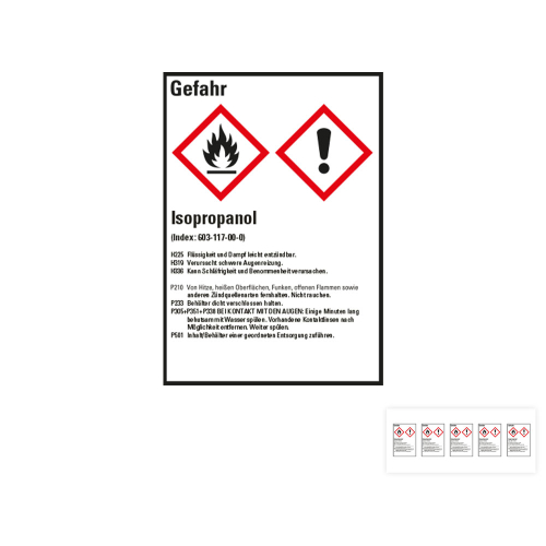 Produkt Hauptbild von Gefahrstoffkennzeichen: Isopropanol, 2 GHS Symbole mit Text, Folie selbstklebend, versch. Größen