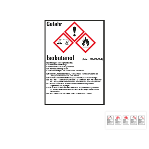 Produkt Hauptbild von Gefahrstoffkennzeichen: Isobutanol, 3 GHS Symbole mit Text, Folie selbstklebend, versch. Größen