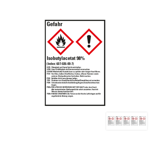Produkt Hauptbild von Gefahrstoffkennzeichen: Isobutylacetat 98%, 2 GHS Symbole mit Text, Folie selbstklebend, versch. Größen