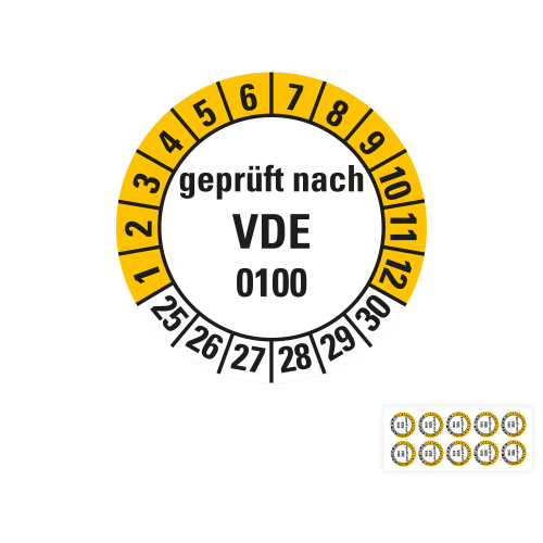 Produkt Hauptbild von Prüfplakette geprüft nach VDE 0100, weiß-gelb, Folie mit Spezialkleber, versch. Jahreszahlen