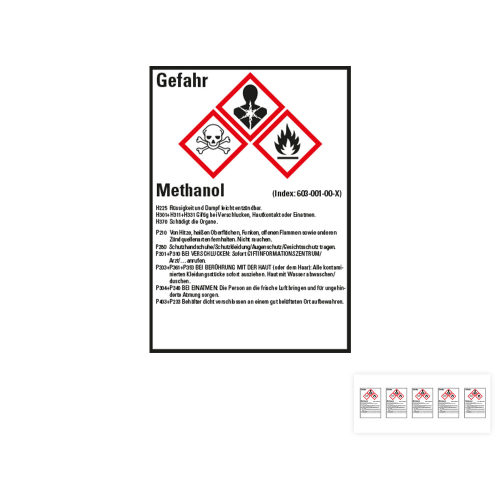 Produkt Hauptbild von Gefahrstoffkennzeichen: Methanol, 3 GHS Symbole mit Text, Folie selbstklebend, versch. Größen