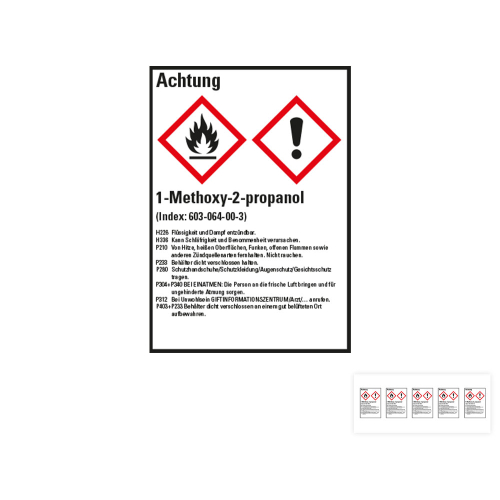 Produkt Hauptbild von Gefahrstoffkennzeichen: 1-Methoxy-2-propanol, 2 GHS Symbole mit Text, Folie selbstklebend, versch. Größen