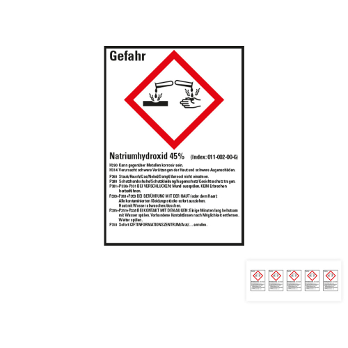 Produkt Hauptbild von Gefahrstoffkennzeichen: Natriumhydroxid 45%, 1 GHS Symbol mit Text, Folie selbstklebend, versch. Größen
