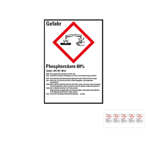Produkt Hauptbild von Gefahrstoffkennzeichen: Phosphorsäure 80%, 1 GHS Symbol mit Text, Folie selbstklebend, versch. Größen