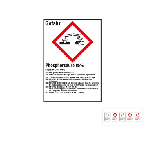 Produkt Hauptbild von Gefahrstoffkennzeichen: Phosphorsäure 85%, 1 GHS Symbol mit Text, Folie selbstklebend, versch. Größen