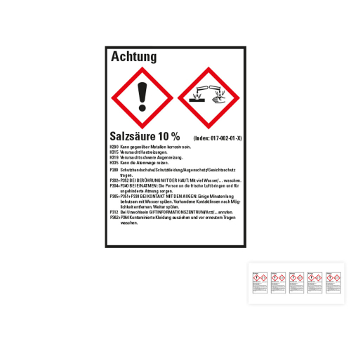 Produkt Hauptbild von Gefahrstoffkennzeichen: Salzsäure 10%, 2 GHS Symbole mit Text, Folie selbstklebend, versch. Größen