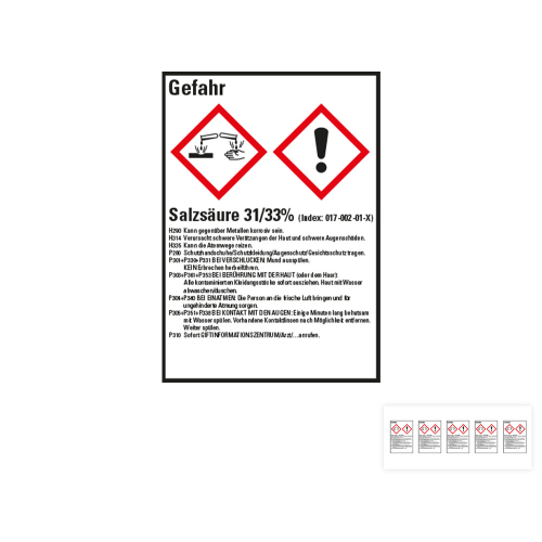 Produkt Hauptbild von Gefahrstoffkennzeichen: Salzsäure 31/33%, 2 GHS Symbole mit Text, Folie selbstklebend, versch. Größen