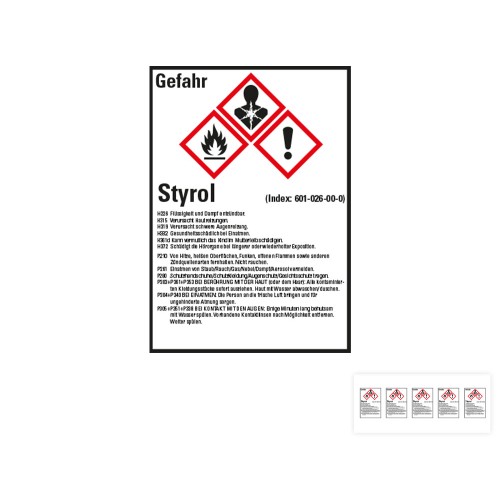 Produkt Hauptbild von Gefahrstoffkennzeichen: Styrol, 3 GHS Symbole mit Text, Folie selbstklebend, versch. Größen