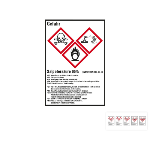 Produkt Hauptbild von Gefahrstoffkennzeichen: Salpetersäure 65%, 3 GHS Symbole mit Text, Folie selbstklebend, versch. Größen