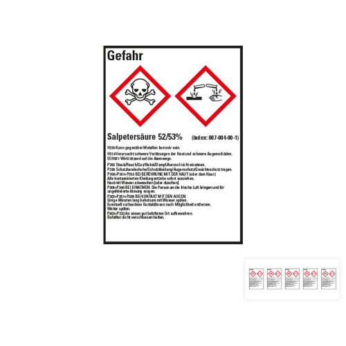 Produkt Hauptbild von Gefahrstoffkennzeichen: Salpetersäure 52/53%, 2 GHS Symbole mit Text, Folie selbstklebend, versch. Größen