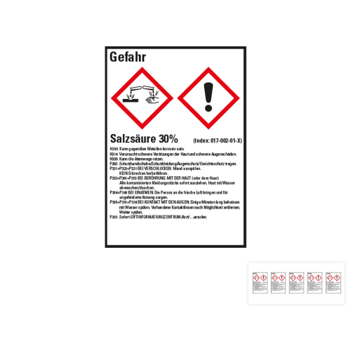 Produkt Hauptbild von Gefahrstoffkennzeichen: Salzsäure 30%, 2 GHS Symbole mit Text, Folie selbstklebend, versch. Größen