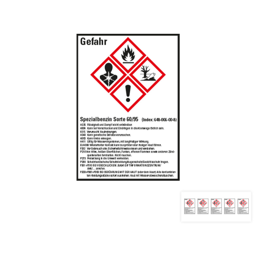 Produkt Hauptbild von Gefahrstoffkennzeichen: Spezialbenzin Sorte 60/95, 4 GHS Symbole mit Text, Folie selbstklebend, versch. Größen