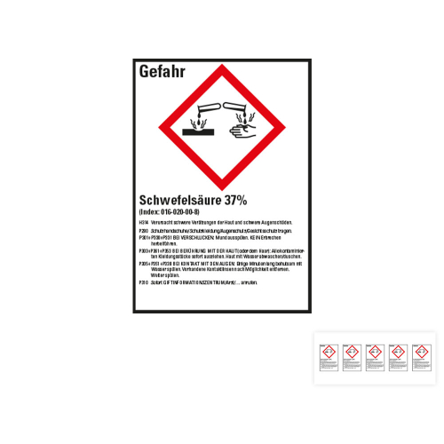 Produkt Hauptbild von Gefahrstoffkennzeichen: Schwefelsäure 37%, 1 GHS Symbol mit Text, Folie selbstklebend, versch. Größen
